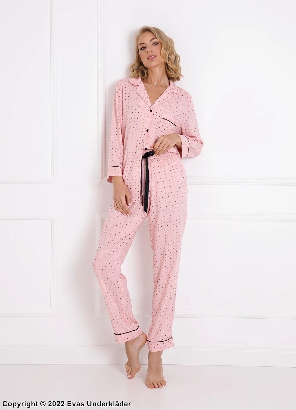 Top and pants pajamas, bow, long sleeves, pocket, small dots